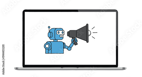Blue robot holding a megaphone loudly.
