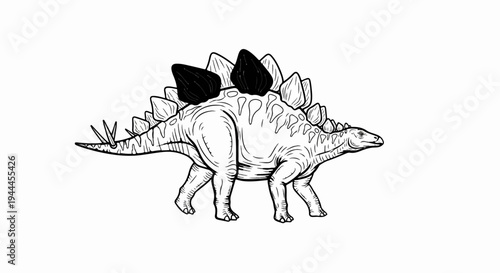 A black and white illustration of a Stegosaurus walking