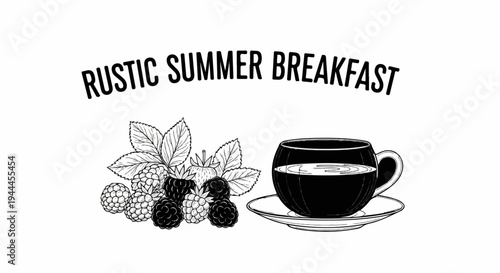 A black and white illustration of berries and coffee for a rustic summer breakfast