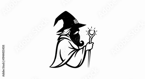 A black and white illustration of a wizard holding a staff that glows