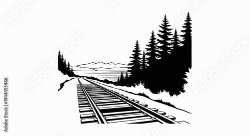 A black and white illustration of train tracks curving through a pine forest towards distant mountains