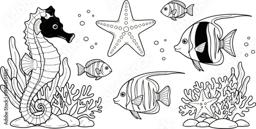 A black and white illustration of underwater life