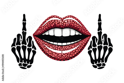 A vibrant illustration of red lips with heart patterns paired with skeletal hands giving the middle finger on transparent background.