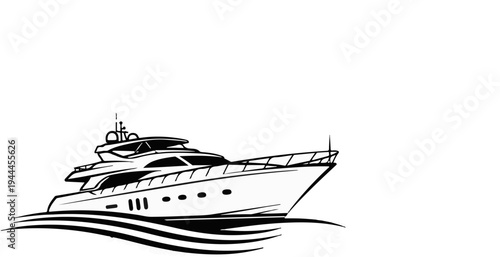 A black and white line drawing of a luxury yacht sailing on wavy water