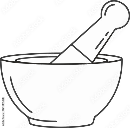 A black and white line drawing of a mortar and pestle