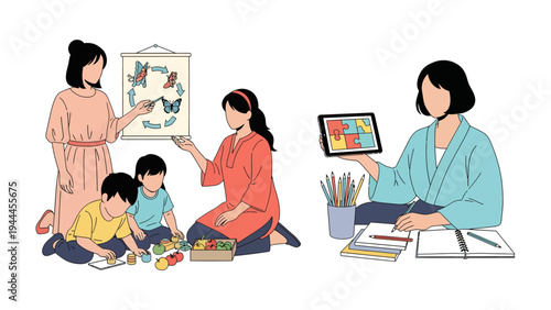 Learning Together: Two educators engage children in creative activities, one demonstrating a butterfly artwork and the other using a tablet, fostering early learning and development.