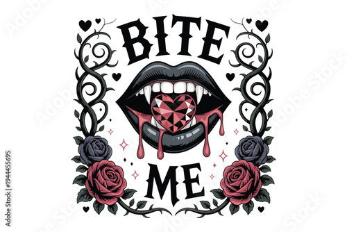 A vintage style illustration of vampire lips with a heart roses and ornate swirls on transparent background high-quality professional detailed.