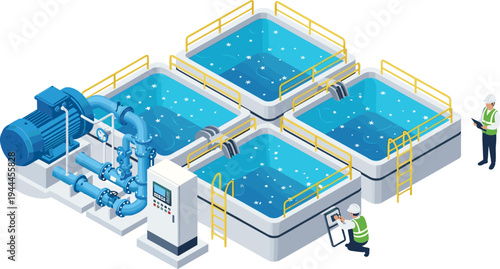 Isometric water treatment plant system with filtration tanks pumps pipelines engineers monitoring industrial wastewater purification process vector illustration