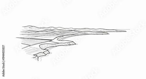 A black and white sketch of a curving coastline meeting distant rolling hills