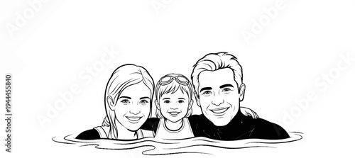 A black and white sketch of a happy family of three swimming