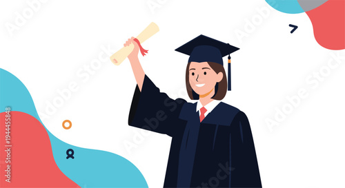 Happy female graduate wearing a black cap and gown holds up her rolled diploma in celebration of her academic achievement.