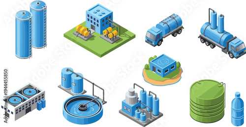 Isometric water treatment and wastewater management infrastructure with purification tanks, filtration systems, tanker trucks, storage reservoirs and industrial processing facilities