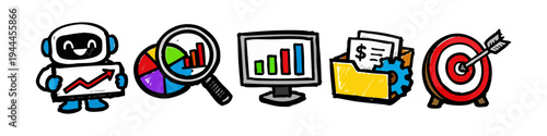 Hand-drawn business and AI icon set featuring a cute robot, financial charts, magnifying glass, data monitor, folder with gears, and target. Perfect for marketing and technology concepts.