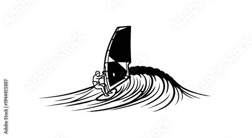 A black and white sketch shows a person windsurfing on a large wave