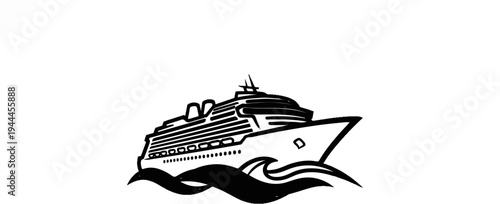 A black and white stylized illustration of a large cruise ship sailing through wavy water