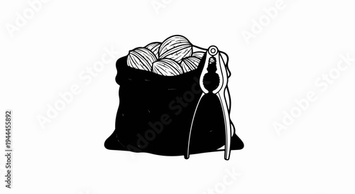 A black bag overflows with shelled nuts beside a nutcracker tool