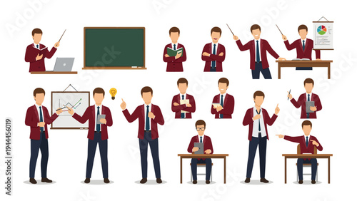 A Series of Presentations: A diverse collection of illustrations of a gentleman presenting in various dynamic poses and settings, each exuding confidence and expertise. 