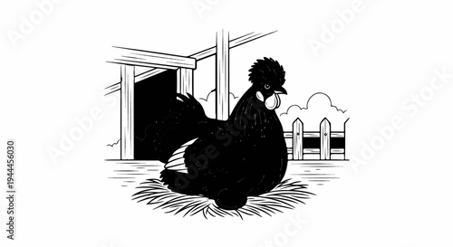 A black hen sits on a nest with an egg in front of a coop