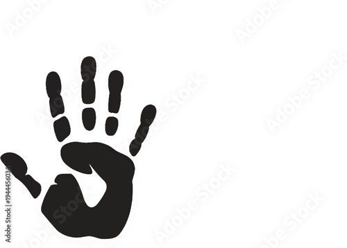 A black handprint is imprinted on a white background