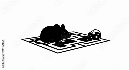 A black mouse on a maze board contemplates a slice of cheese