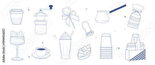 Coffee time line art set with coffee cup, grinder, cezve, cookies, milkshake and takeaway cups. Minimal outline illustration collection for cafe menu, coffee shop branding, packaging and food design.