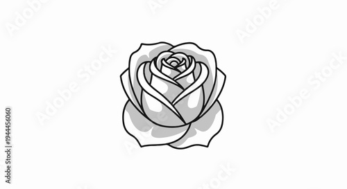 A black outline drawing of a blooming rose with grey shading