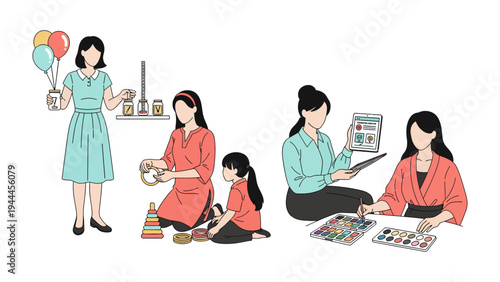 Moments of Joy: A charming illustration depicting diverse scenes of a parent and child engaging in various recreational activities. Capturing the spirit of shared experiences.