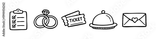 Set of hand-drawn wedding and event planning icons including a checklist, rings, tickets, food tray, and love letter. Minimalist black line art doodle elements for romantic celebrations.
