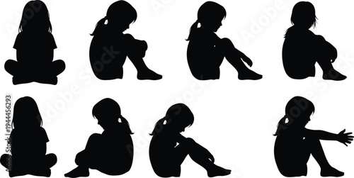 Sad Lonely Child Sitting Silhouette Set Showing Childhood Emotion Loneliness Mental Health Concept Vector Illustration