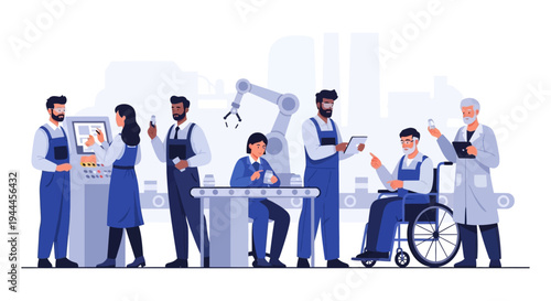 Diverse Manufacturing Team Working in Modern Automated Factory