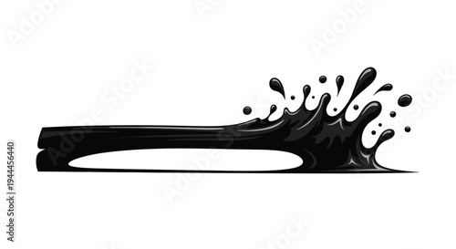 Viscous black liquid or oil splash moves dynamically from left to right with multiple droplets and a high-gloss finish.