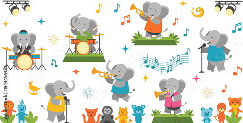 Cute elephant musician cartoon vector set with drums trumpet microphone stage lights and music notes children illustration collection
