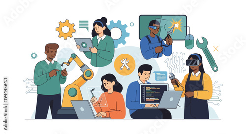 Diverse Team of Engineers and Developers Working with AI, Robotics, VR, and Modern Technology