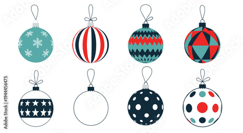 Collection of eight unique Christmas ball ornaments displays various patterns including snowflakes, stripes, stars, and geometric shapes.