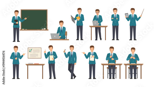 Educator's Diverse Roles: A compilation of professional educators in various poses, showcasing diverse actions with presentation materials and educational tools, from lecture to feedback.