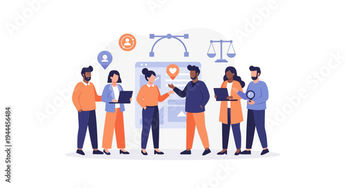 Diverse Business Team Collaborating on Digital Project, Strategy, and Innovation with Web Interface Icons