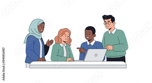 Diverse Business Team Collaboration Meeting with Laptop. Professionals Discussing Project, Strategy & Technology in Modern Office Illustration.