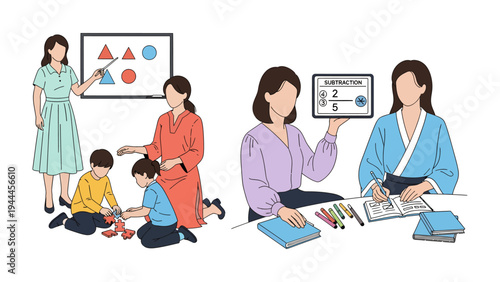 Classroom Chronicles: Teachers illuminate young minds through interactive teaching methods and creative play, fostering a vibrant learning environment.