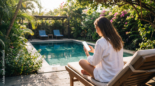 Woman relaxing by the pool using her smartphone on a sunny day