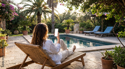 Woman relaxing by the pool with her phone, enjoying a sunny day outdoors