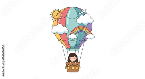 Small girl smiles from the basket of a colorful hot air balloon decorated with a rainbow, clouds, and a happy sun.