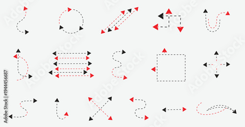  Dashed arrow line red and black mark ink on the map. Set of twelve dotted route arrows showing different.  path travel dotted line trip dashed trace destination. Vector illustration.
