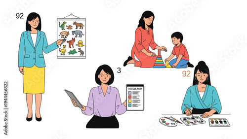 Nurturing Minds and Creativity: A collection of educational moments, depicting a tutor, a child with their caretaker, and another person focused on art, evoking themes of learning, care.