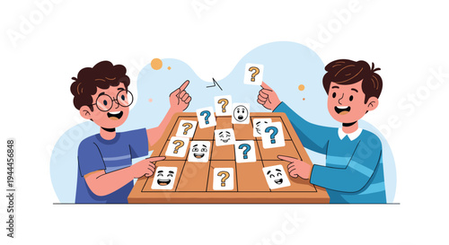 Two young boys sit at a wooden table and point excitedly at cards with question marks and faces during a fun matching game.