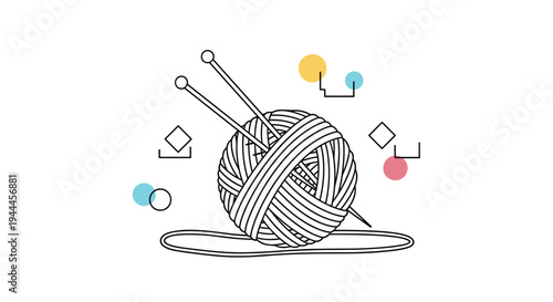Large ball of grey yarn is pierced by two knitting needles against a background of colorful abstract geometric shapes.