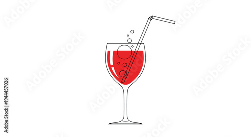 Tall glass filled with bubbly red soda or juice and a striped bendy straw is shown as a simple linear illustration.