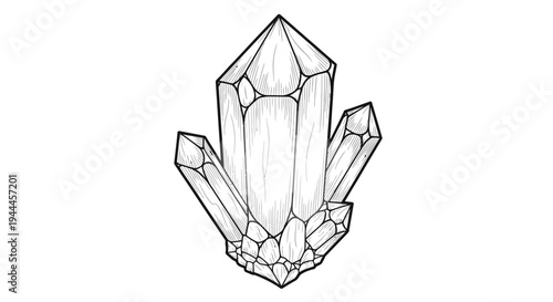Detailed hand-drawn crystal cluster illustration in black and white. Mineral rock gem drawing, line art on white background.