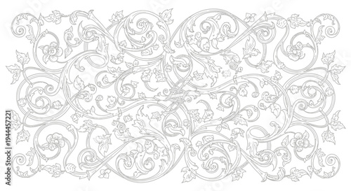 Elegant Vintage Floral Scroll Ornament Pattern. Intricate Botanical Swirls Decorative Design Element with Leaves and Vines.