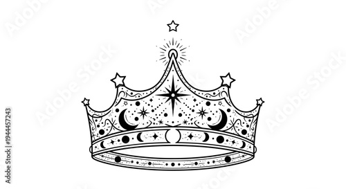Elegant celestial crown vector illustration with moons, stars, and cosmic elements. Mystical fantasy design, royal magic.