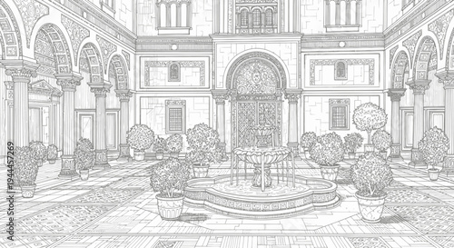 Architectural sketch illustration of a traditional ornate courtyard with fountain, arches, columns, and potted plants in monochrome line art